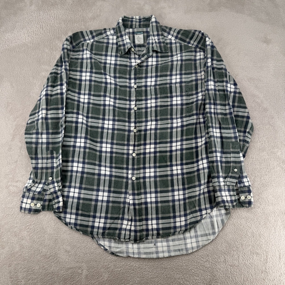 Old Navy Mens Medium Green Plaid Flannel Button Down Shirt Preowned Hole Flaw